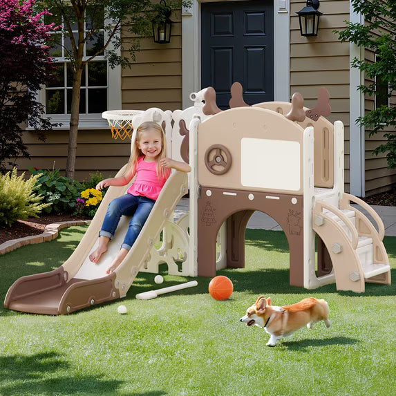 Fodoss 11 in 1 Toddler Slide for Kids Kids Slide for Toddlers Indoor and Outdoor with Basketball Hoop Golf Drawing Set Elk Theme Brown