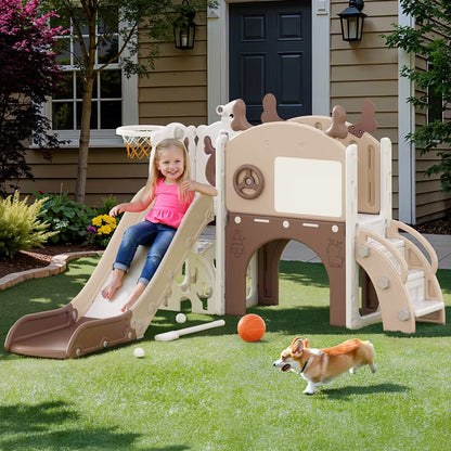 Fodoss 11 in 1 Toddler Slide for Kids Kids Slide for Toddlers Indoor and Outdoor with Basketball Hoop Golf Drawing Set Elk Theme Brown