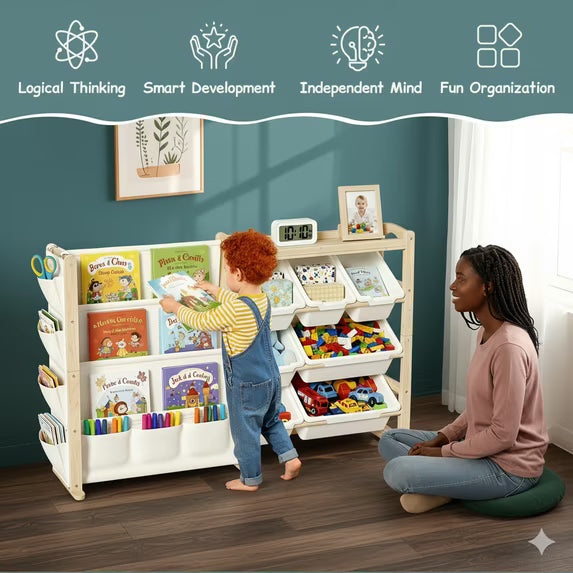 Fodoss Kids Toy Storage Organizer with 12 Bins & 4-Tier Bookshelf Sturdy Wooden Shelf for Kids’ Bedroom Space-Saving Cube Storage for Toys&Books