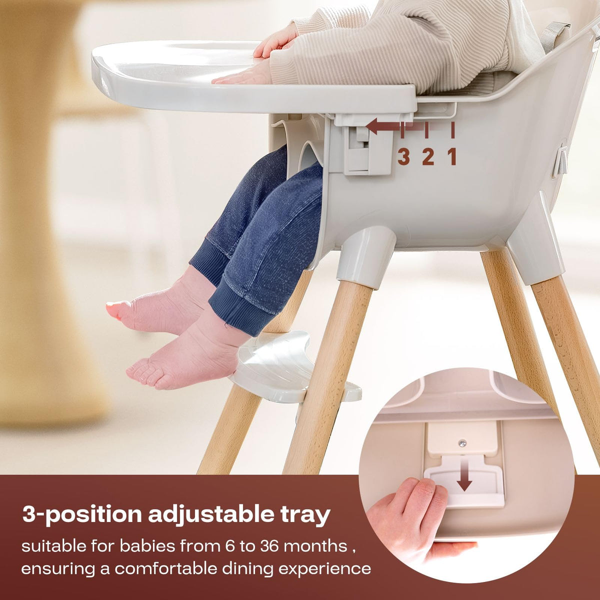 Fodoss 3-in-1 Wooden High Chair for Babies and Toddlers,Convertible Easy Clean Infant Highchair,Silla Modern Design para Comer De Bebe