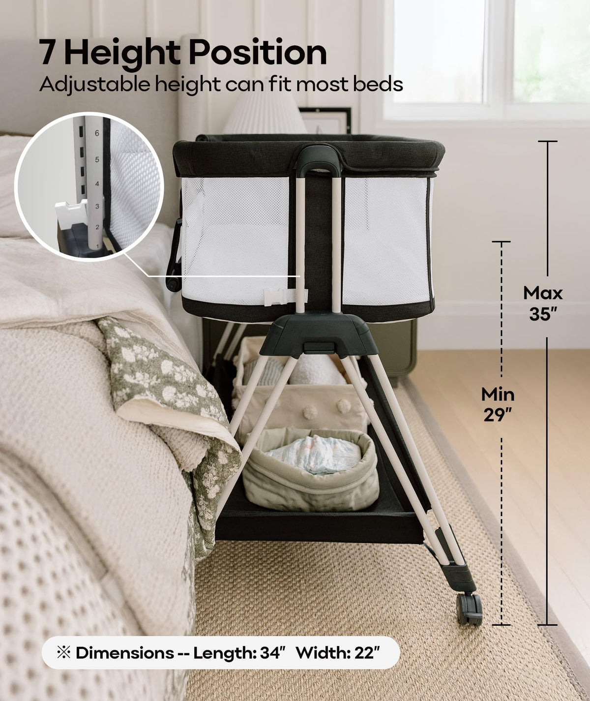 Fodoss Baby Bassinet Bedside Sleeper with Wheels and Storage Tray,4-Sided Mesh Bedside Bassinet for Infant/Newborn,7 Height Adjustable Easy Folding Bedside Crib