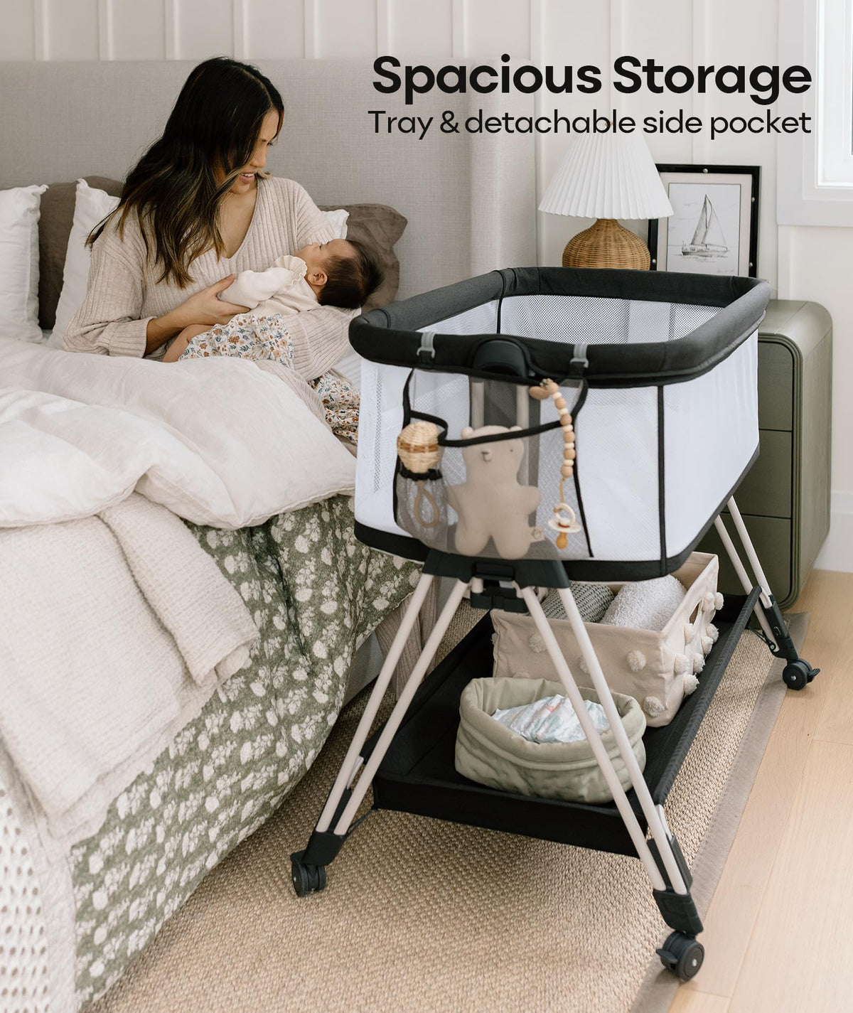 Fodoss Baby Bassinet Bedside Sleeper with Wheels and Storage Tray,4-Sided Mesh Bedside Bassinet for Infant/Newborn,7 Height Adjustable Easy Folding Bedside Crib