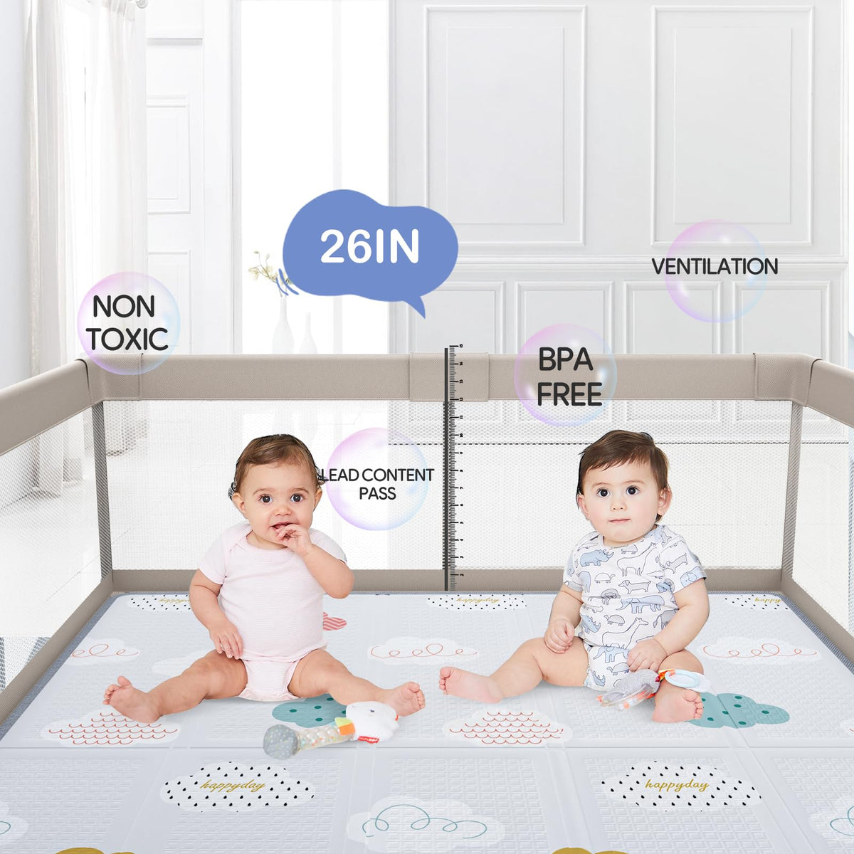 Baby Playpen with Mat, 59x59inch Playpen for Babies and Toddlers, Kids Play Pen, Extra Large Baby Playpen,Baby Fence,Big Playpen for Infants with Gate,Playard for Baby