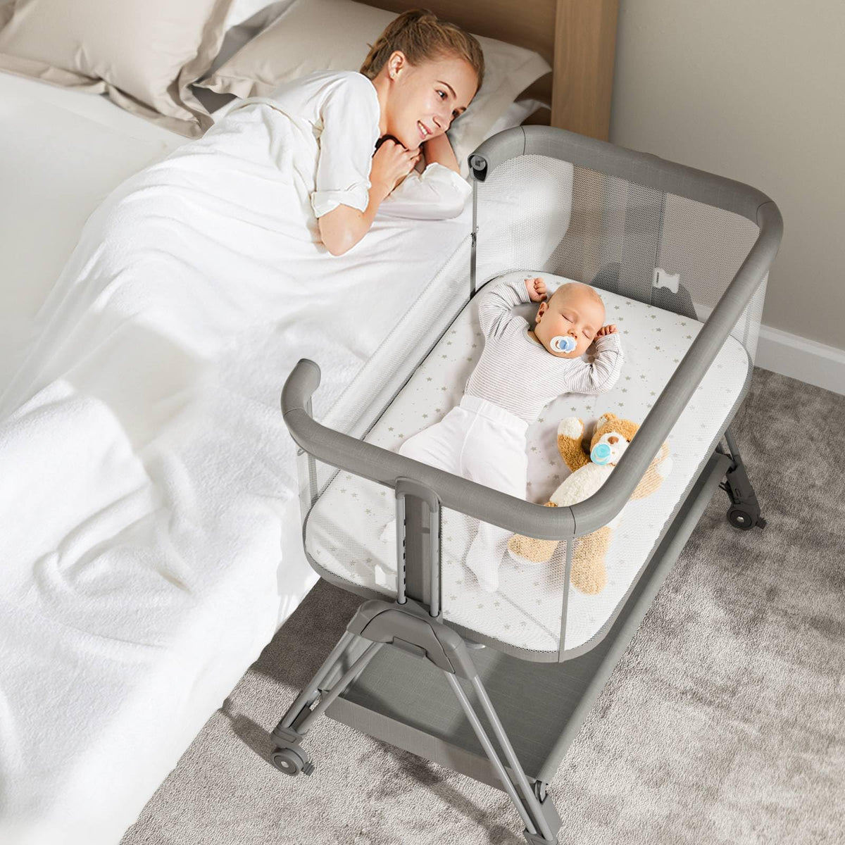 Fodoss Baby Bassinet Bedside Sleeper with Wheels and Storage Tray,4-Sided Mesh Bedside Bassinet for Infant/Newborn,7 Height Adjustable Easy Folding Bedside Crib