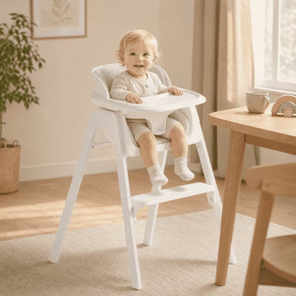 Family Baby Feeding Chair Foldable Convertible High Chair with Harness, Easy Clean Metal Frame, Removable Tray White