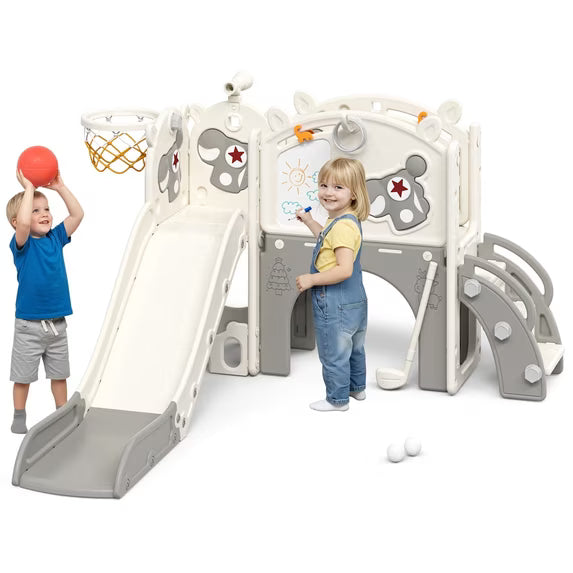 Fodoss 10 in 1 Toddler Slide for Kids Kids Slide for Toddlers Indoor and Outdoor with Basketball Hoop Golf Drawing Set Pegasus Theme Brown