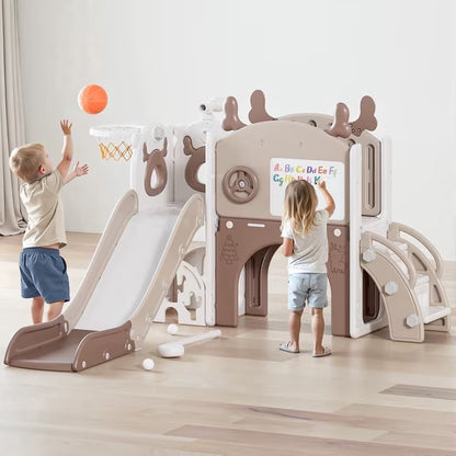 Fodoss 11 in 1 Toddler Slide for Kids Kids Slide for Toddlers Indoor and Outdoor with Basketball Hoop Golf Drawing Set Elk Theme Brown