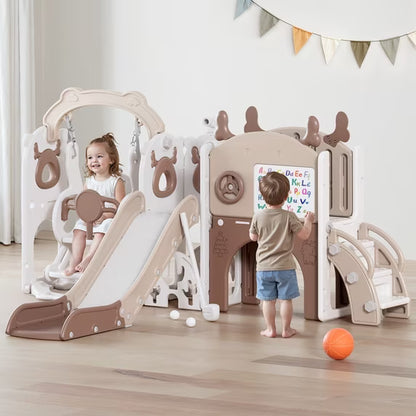 Fodoss 12 in 1 Elk Toddler Slide and Swing Set Kids Slide for Toddlers Indoor and Outdoor with Basketball Hoop Drawing Golf Toddler playset Brown