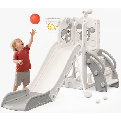 Fodoss 6 in 1 Toddler Slide Kids Slide for Toddlers Indoor and Outdoor with Upgraded Golf&Basketball Hoop for Kids Pegasus Design Gray