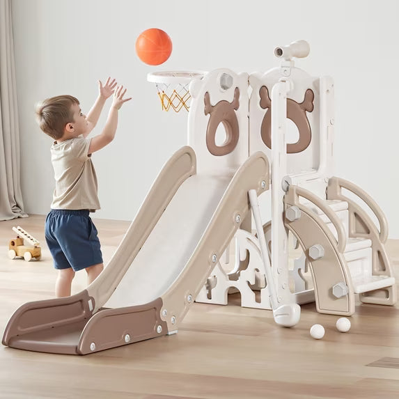 Fodoss 7 in 1 Toddler Slide Kids Slide for Toddlers Indoor and Outdoor with Upgraded Golf&Basketball Hoop for Kids Elk Design Brown