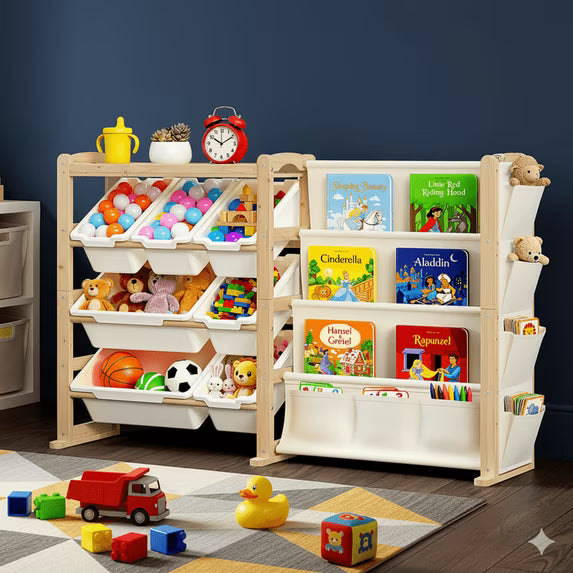 Fodoss Kids Toy Storage Organizer with 12 Bins & 4-Tier Bookshelf Sturdy Wooden Shelf for Kids’ Bedroom Space-Saving Cube Storage for Toys&Books