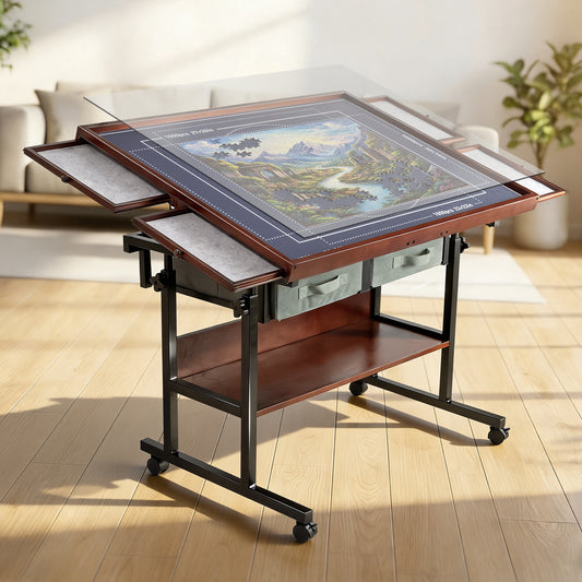 Fodoss Rotating Puzzle Table with Drawers - 1500 Pieces Jigsaw Puzzle Board for Adult, Tilting Wooden Jigsaw Table