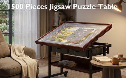 Fodoss Rotating Puzzle Table with Drawers - 1500 Pieces Jigsaw Puzzle Board for Adult, Tilting Wooden Jigsaw Table