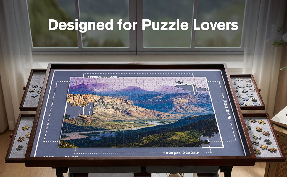 Fodoss Rotating Puzzle Table with Drawers - 1500 Pieces Jigsaw Puzzle Board for Adult, Tilting Wooden Jigsaw Table
