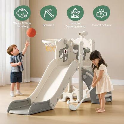Fodoss 6 in 1 Toddler Slide Kids Slide for Toddlers Indoor and Outdoor with Upgraded Golf&Basketball Hoop for Kids Pegasus Design Gray