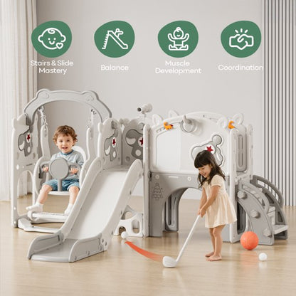 Fodoss 11 in 1 Pegasus Toddler Slide and Swing Set Kids Slide for Toddlers Indoor and Outdoor with Basketball Hoop Drawing Golf Toddler playset Brown