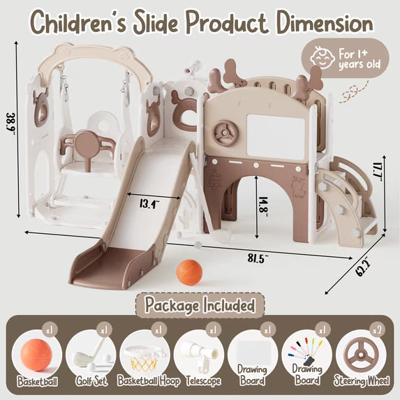 Fodoss 12 in 1 Elk Toddler Slide and Swing Set Kids Slide for Toddlers Indoor and Outdoor with Basketball Hoop Drawing Golf Toddler playset Brown