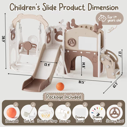 Fodoss 12 in 1 Elk Toddler Slide and Swing Set Kids Slide for Toddlers Indoor and Outdoor with Basketball Hoop Drawing Golf Toddler playset Brown