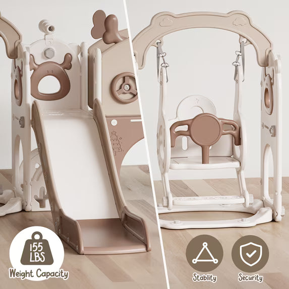 Fodoss 12 in 1 Elk Toddler Slide and Swing Set Kids Slide for Toddlers Indoor and Outdoor with Basketball Hoop Drawing Golf Toddler playset Brown