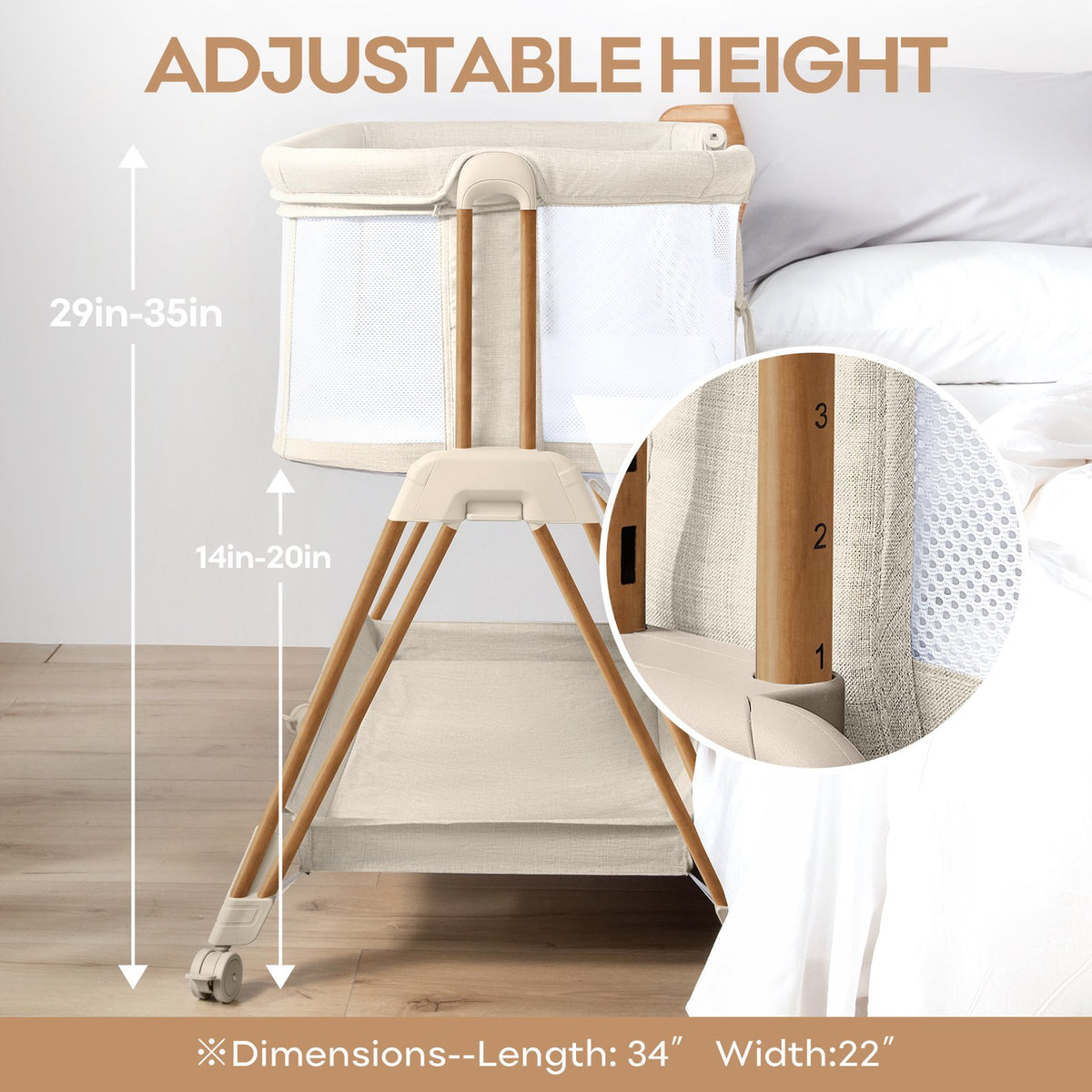 3-in-1 Baby Bassinets Bedside Sleeper Height Adjustable Baby Crib for infants with Wheels,Storage Tray, Full-Mesh Sides Beige