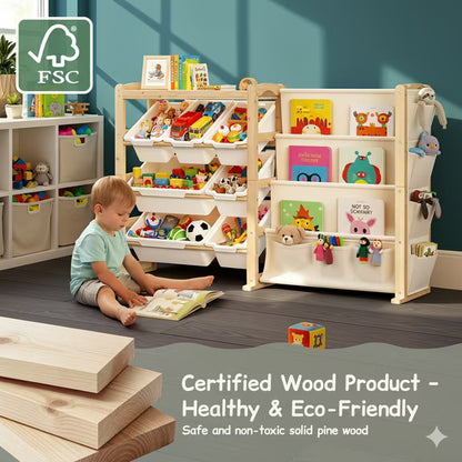 Fodoss Kids Toy Storage Organizer with 12 Bins & 4-Tier Bookshelf Sturdy Wooden Shelf for Kids’ Bedroom Space-Saving Cube Storage for Toys&Books