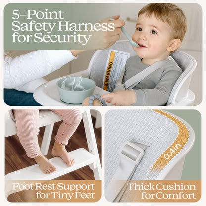 Family Baby Feeding Chair Foldable Convertible High Chair with Harness, Easy Clean Metal Frame, Removable Tray White