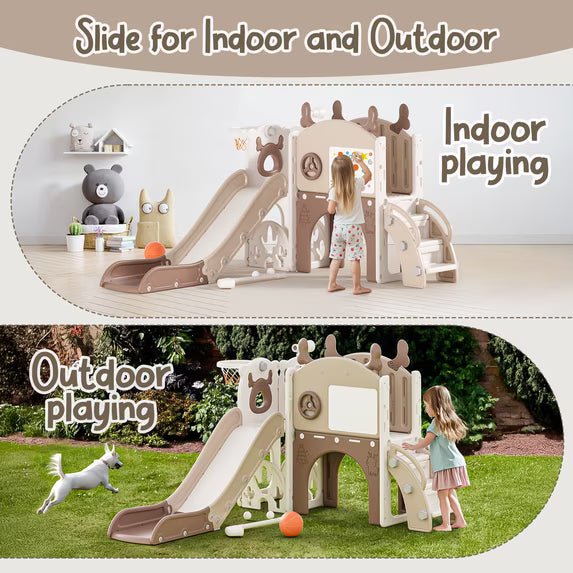 Fodoss 11 in 1 Toddler Slide for Kids Kids Slide for Toddlers Indoor and Outdoor with Basketball Hoop Golf Drawing Set Elk Theme Brown