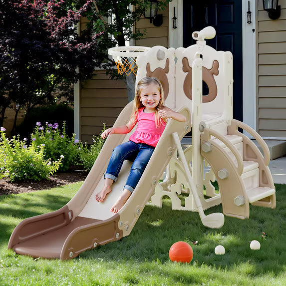 Fodoss 7 in 1 Toddler Slide Kids Slide for Toddlers Indoor and Outdoor with Upgraded Golf&Basketball Hoop for Kids Elk Design Brown