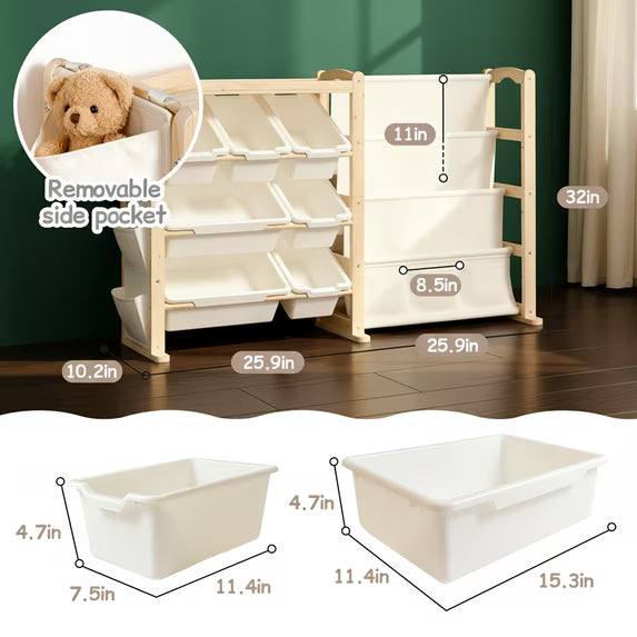 Fodoss Kids Toy Storage Organizer with 12 Bins & 4-Tier Bookshelf Sturdy Wooden Shelf for Kids’ Bedroom Space-Saving Cube Storage for Toys&Books