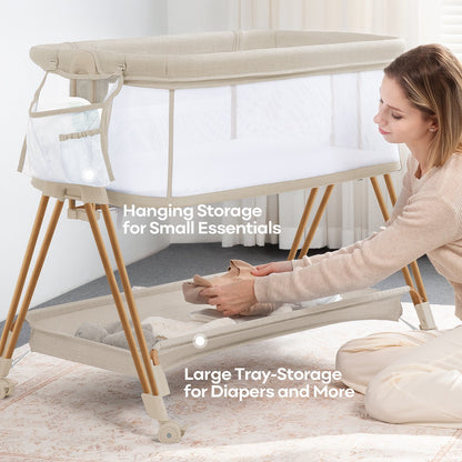 3-in-1 Baby Bassinets Bedside Sleeper Height Adjustable Baby Crib for infants with Wheels,Storage Tray, Full-Mesh Sides Beige