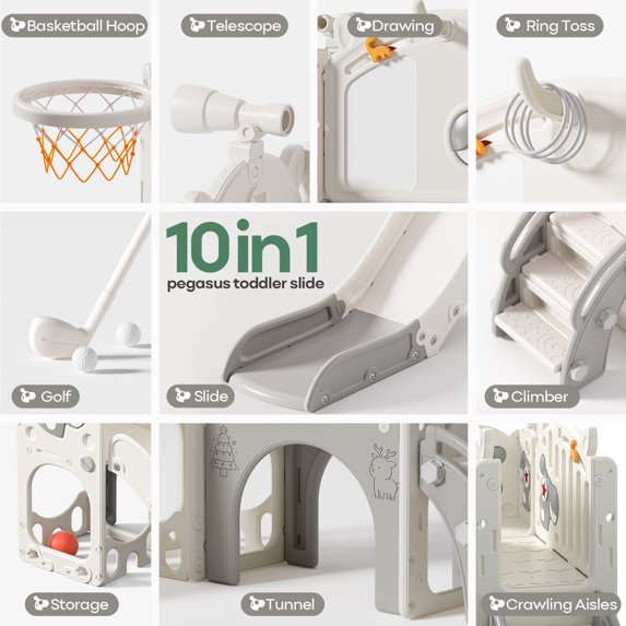 Fodoss 10 in 1 Toddler Slide for Kids Kids Slide for Toddlers Indoor and Outdoor with Basketball Hoop Golf Drawing Set Pegasus Theme Brown