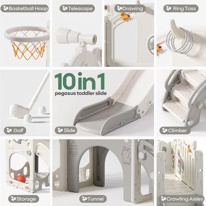 Fodoss 10 in 1 Toddler Slide for Kids Kids Slide for Toddlers Indoor and Outdoor with Basketball Hoop Golf Drawing Set Pegasus Theme Brown