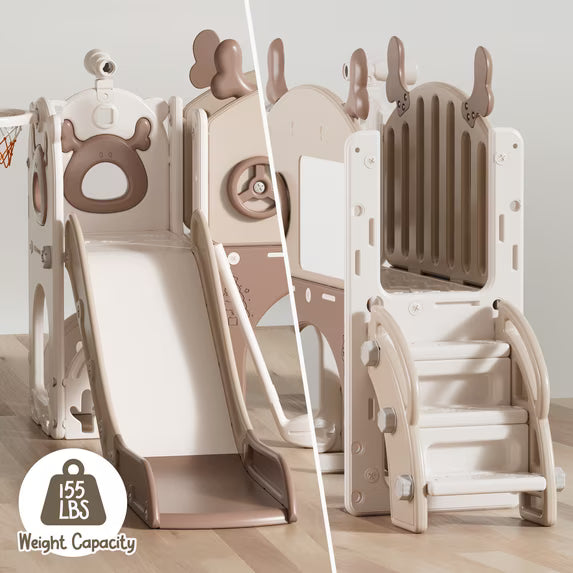 Fodoss 11 in 1 Toddler Slide for Kids Kids Slide for Toddlers Indoor and Outdoor with Basketball Hoop Golf Drawing Set Elk Theme Brown