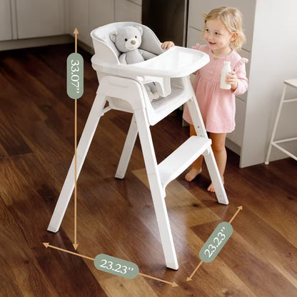 Family Baby Feeding Chair Foldable Convertible High Chair with Harness, Easy Clean Metal Frame, Removable Tray White