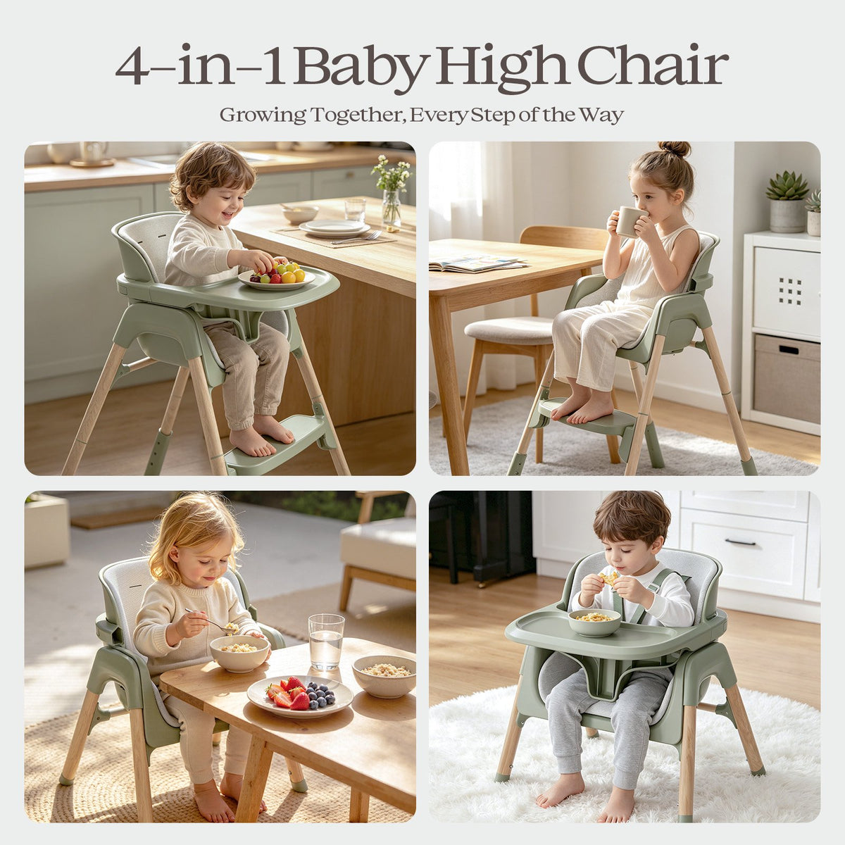 4-in-1 Baby Feeding Chairs with Detachable Dishwasher Tray for Babies and Toddlers Easy Clean High Chair Green