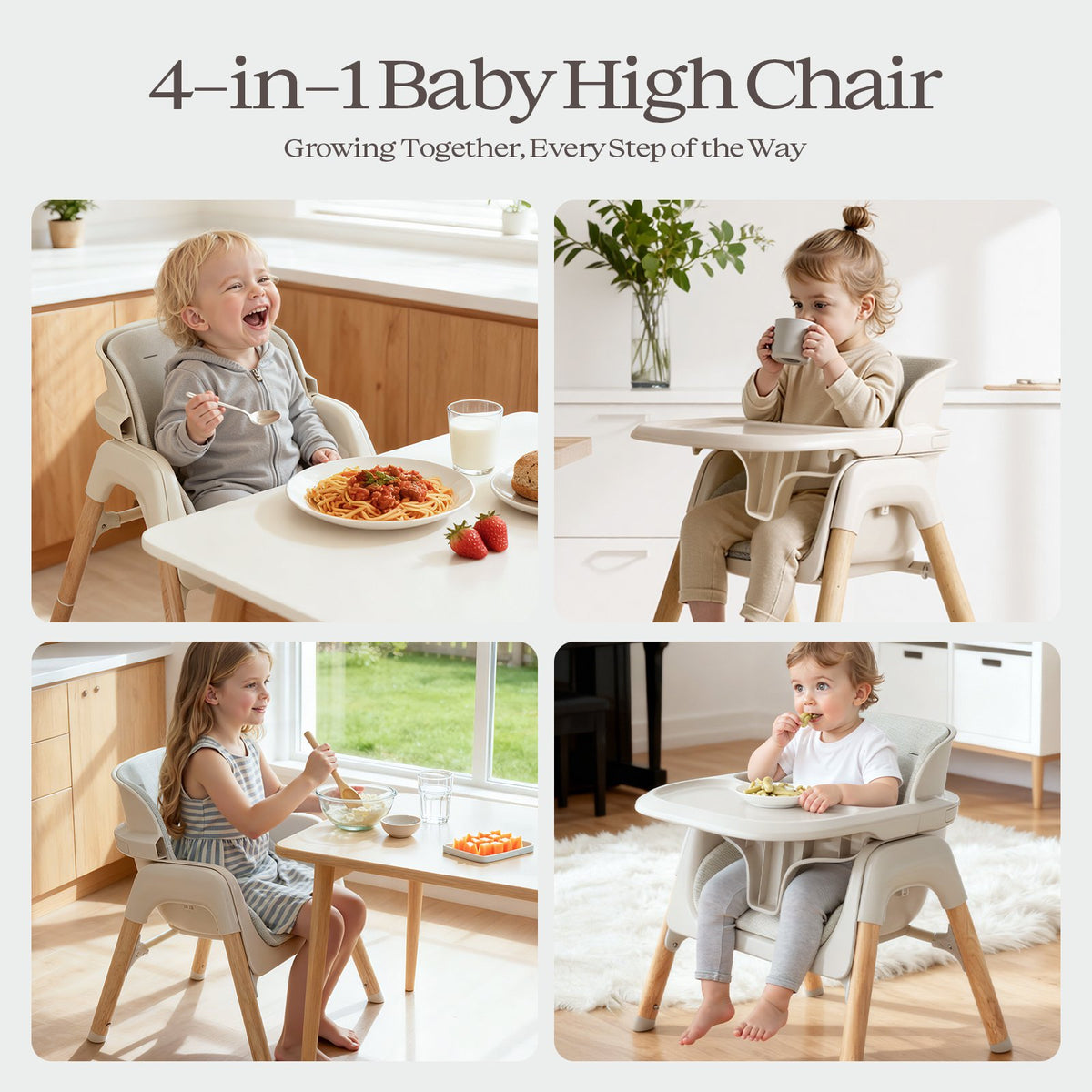 4-in-1 Baby Feeding Chairs with Detachable Dishwasher Tray for Babies and Toddlers Easy Clean High Chair Beige