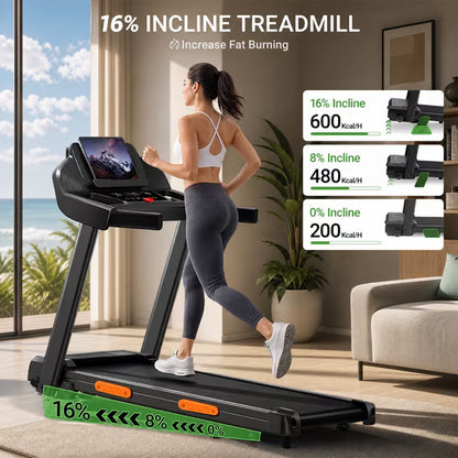 15% Incline Folding Treadmill for Home, 3.0HP Motor, 400LB Capacity, Portable Walking Pad with Handrails & 3 LED Displays