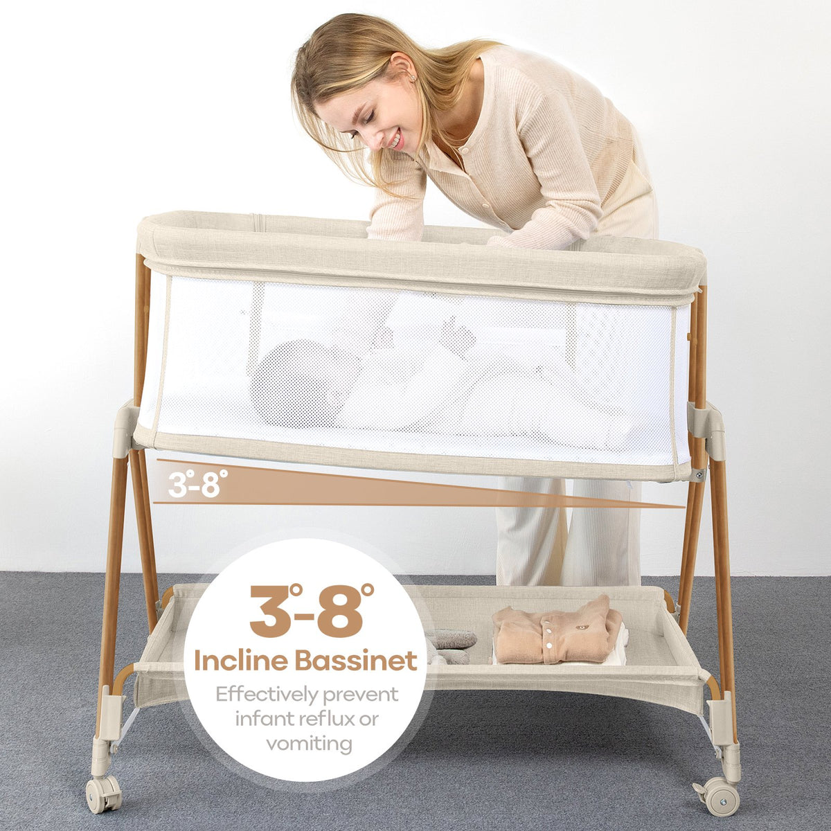 3-in-1 Baby Bassinets Bedside Sleeper Height Adjustable Baby Crib for infants with Wheels,Storage Tray, Full-Mesh Sides Beige