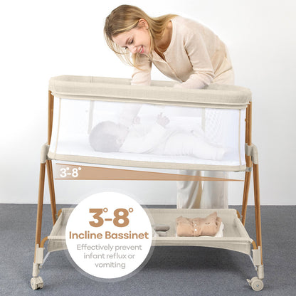 3-in-1 Baby Bassinets Bedside Sleeper Height Adjustable Baby Crib for infants with Wheels,Storage Tray, Full-Mesh Sides Beige