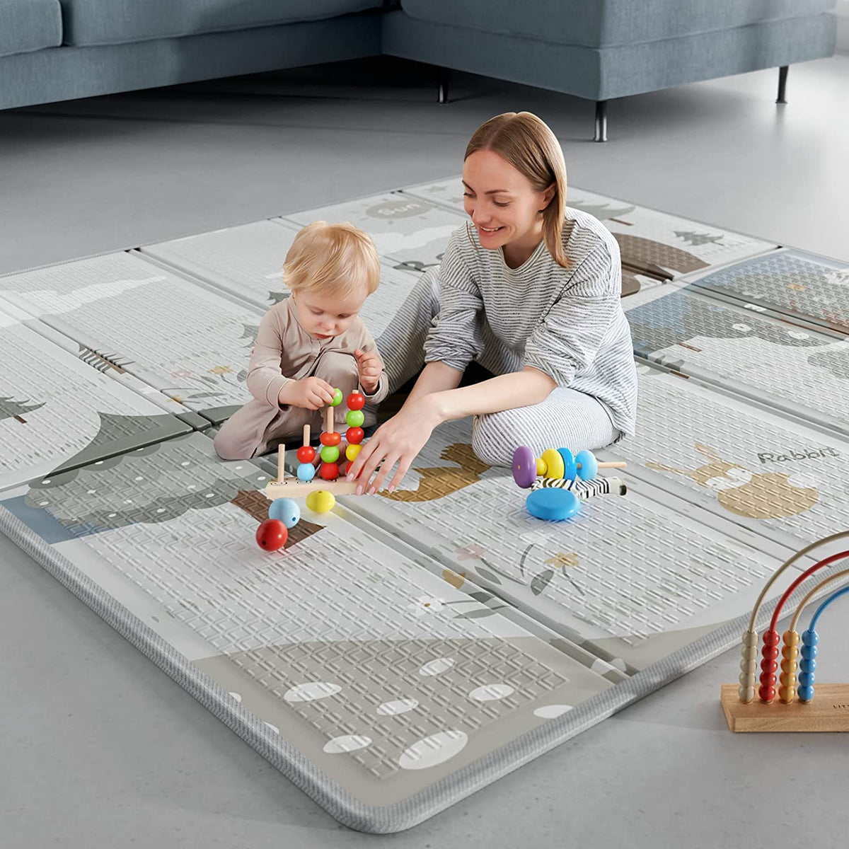 Fodoss Baby Play Mat, 59x59inch Play Mat, 0.4 in Thick Waterproof Playmat for Babies,Kids Foam Play Mat,Waterproof,BPA Free,Non Toxic Carlwing Mat for Baies, Neutral Design Play Mat