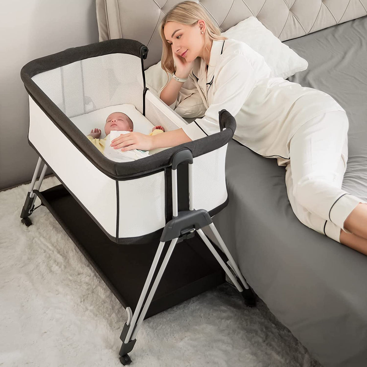 Fodoss Baby Bassinet Bedside Sleeper with Wheels and Storage Tray,4-Sided Mesh Bedside Bassinet for Infant/Newborn,7 Height Adjustable Easy Folding Bedside Crib